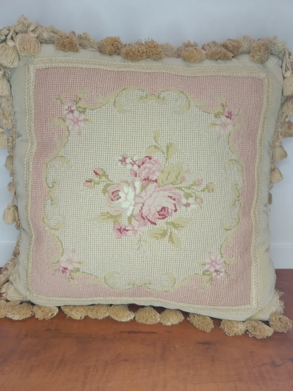Vintage Square Needlepoint Accent Pillow 16X16 Pink Roses Green Leaves Velvet